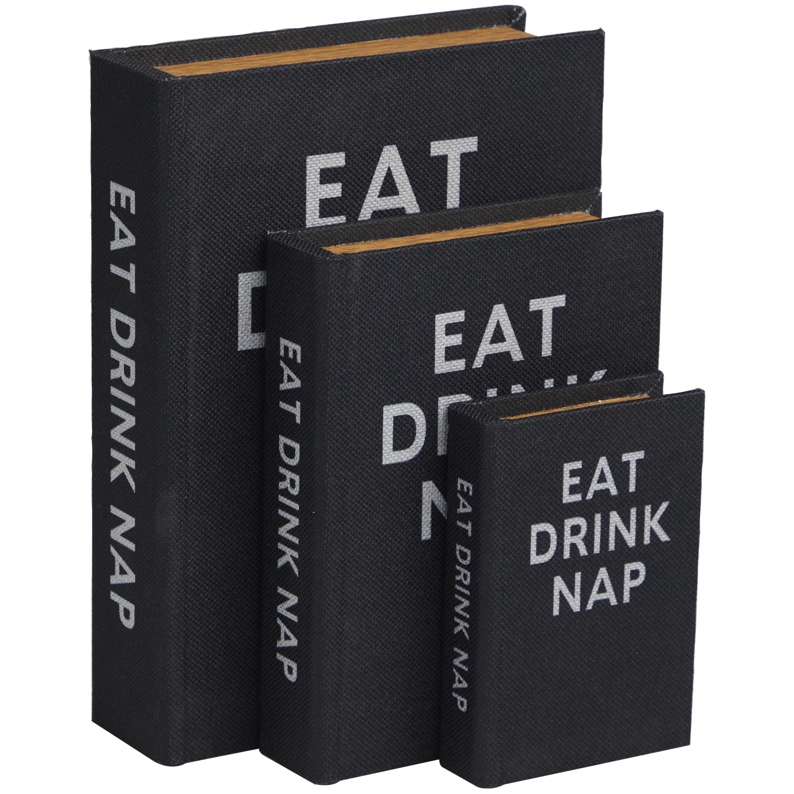 DecMode Storage Book Black Linen Fabric Decorative Box with Typography and Gold Page Inspired Detail, 3 Count