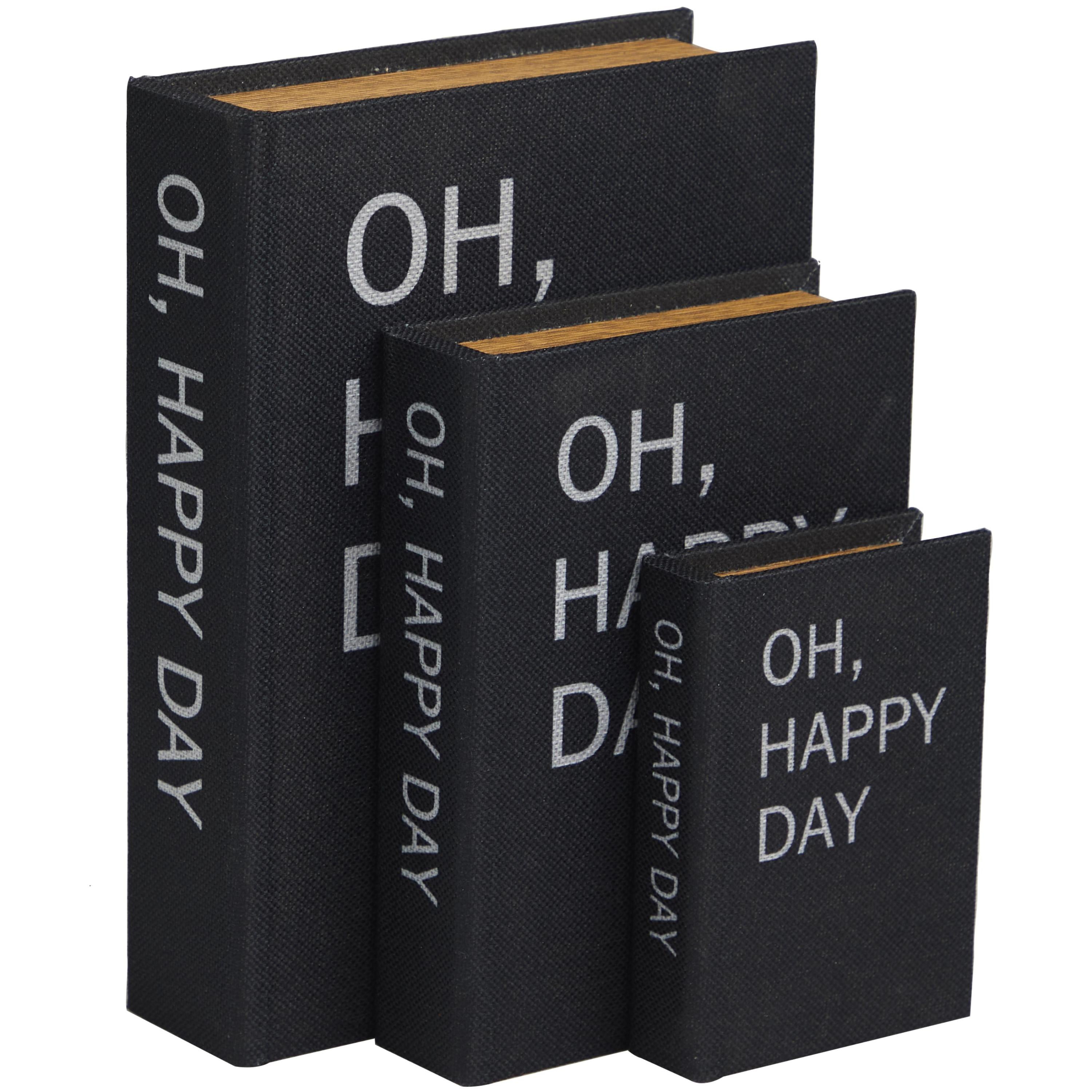DecMode Storage Book Black Linen Fabric Decorative Box with Typography and Gold Page Inspired Detail, 3 Count