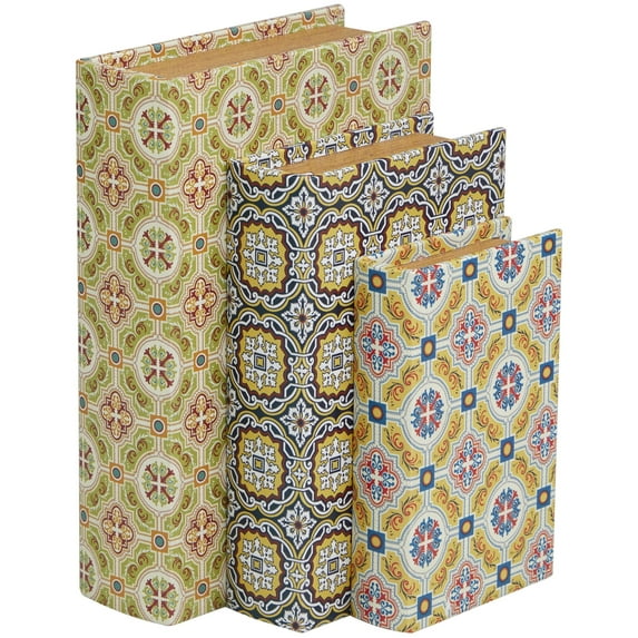 DecMode Storage Book Multi Colored Canvas Decorative Box with Arabesque Pattern and Gold Page Inspired Detail, 3 Count