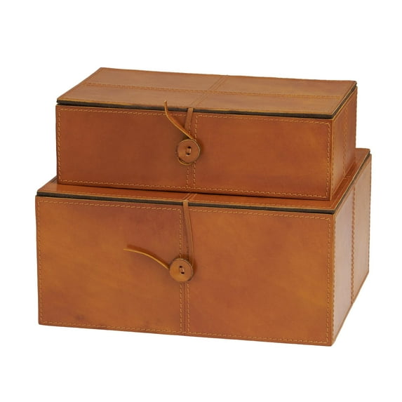 DecMode Handmade Storage Brown Leather Decorative Box with Leather Loop Closure and Detailed Stitching, 2 Count