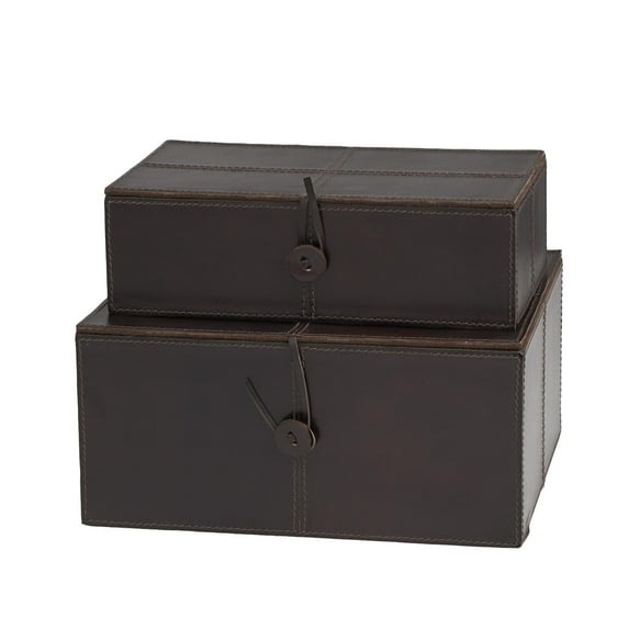 DecMode Handmade Storage Dark Brown Leather Decorative Box with Leather Loop Closure and Detailed Stitching, 2 Count