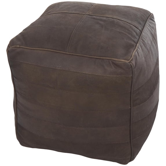 DecMode Stripes Dark Brown Leather Pouf with Linear Panels