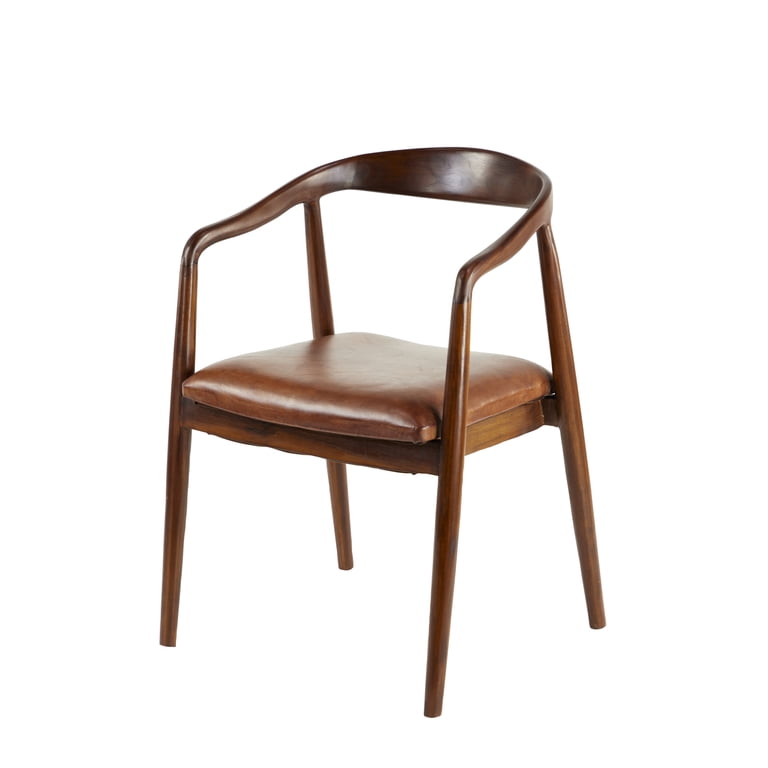 DecMode Modern Teak Wood Indoor Dining Chair with Leather Seat