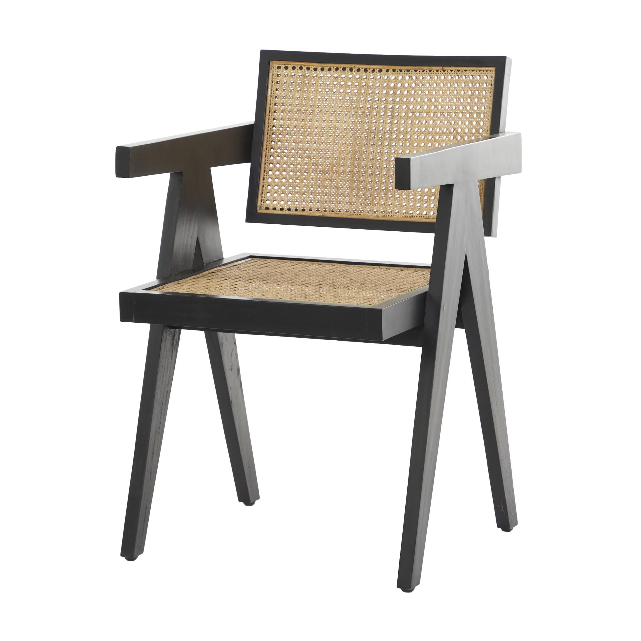 DecMode Teak Wood Handmade Lounge Chair with Woven Cane Seat, Black