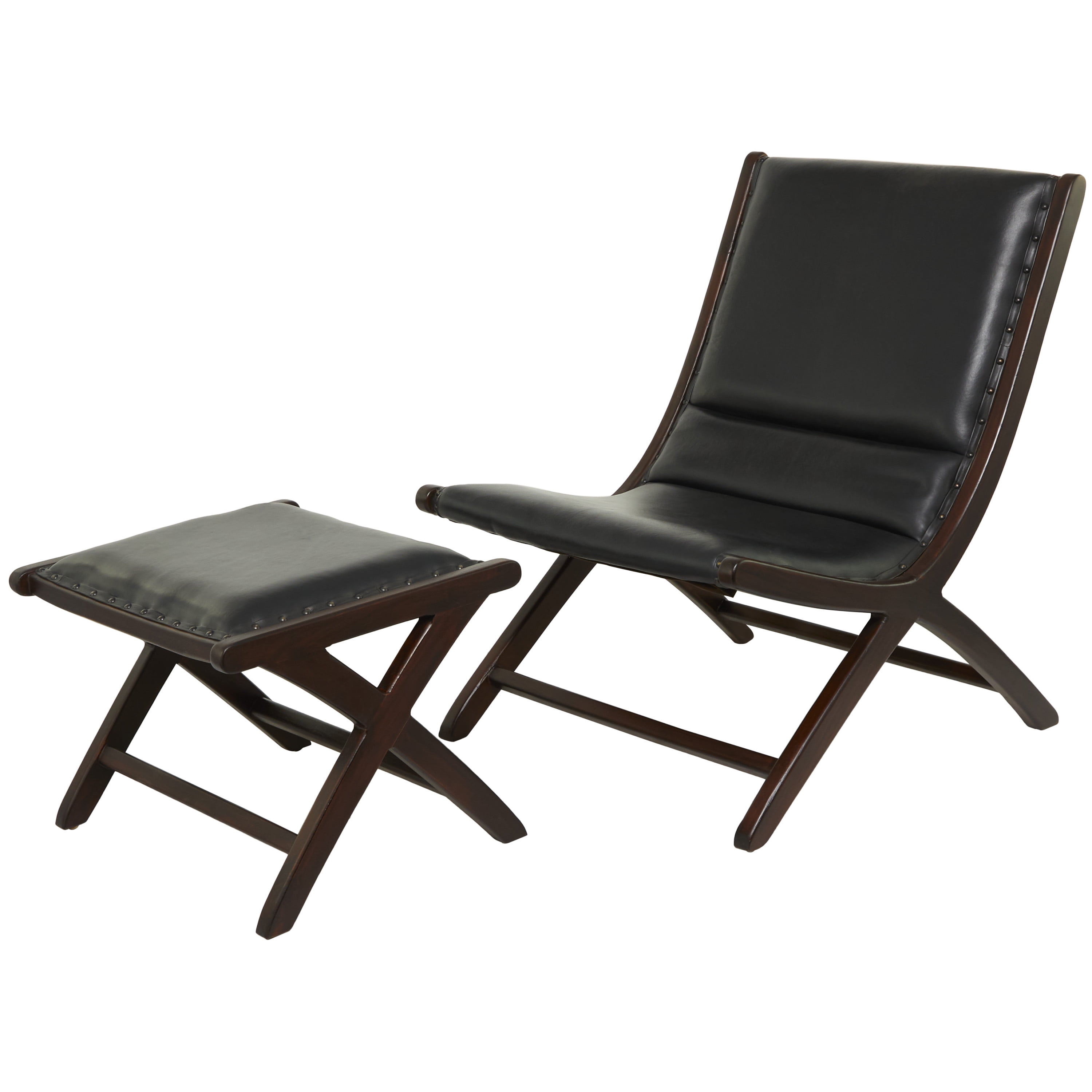 DecMode Teak Wood Handmade Upholstered Leather Chair & Ottoman Set, Black