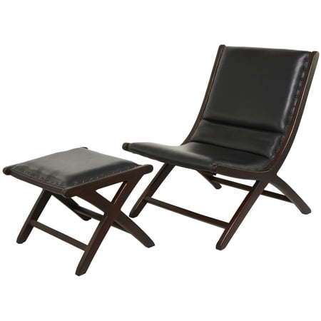 DecMode Teak Wood Handmade Upholstered Leather Chair & Ottoman Set, Black