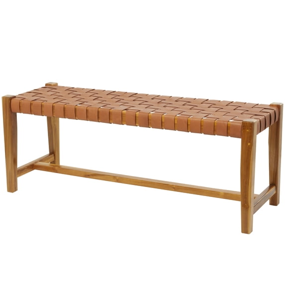DecMode Teak Wood Handmade Woven Seat Bench, Brown