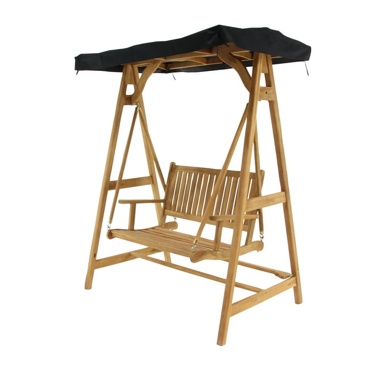 DecMode Teak Wood Indoor Outdoor Bench Swing with Black Awning Brown Walmart