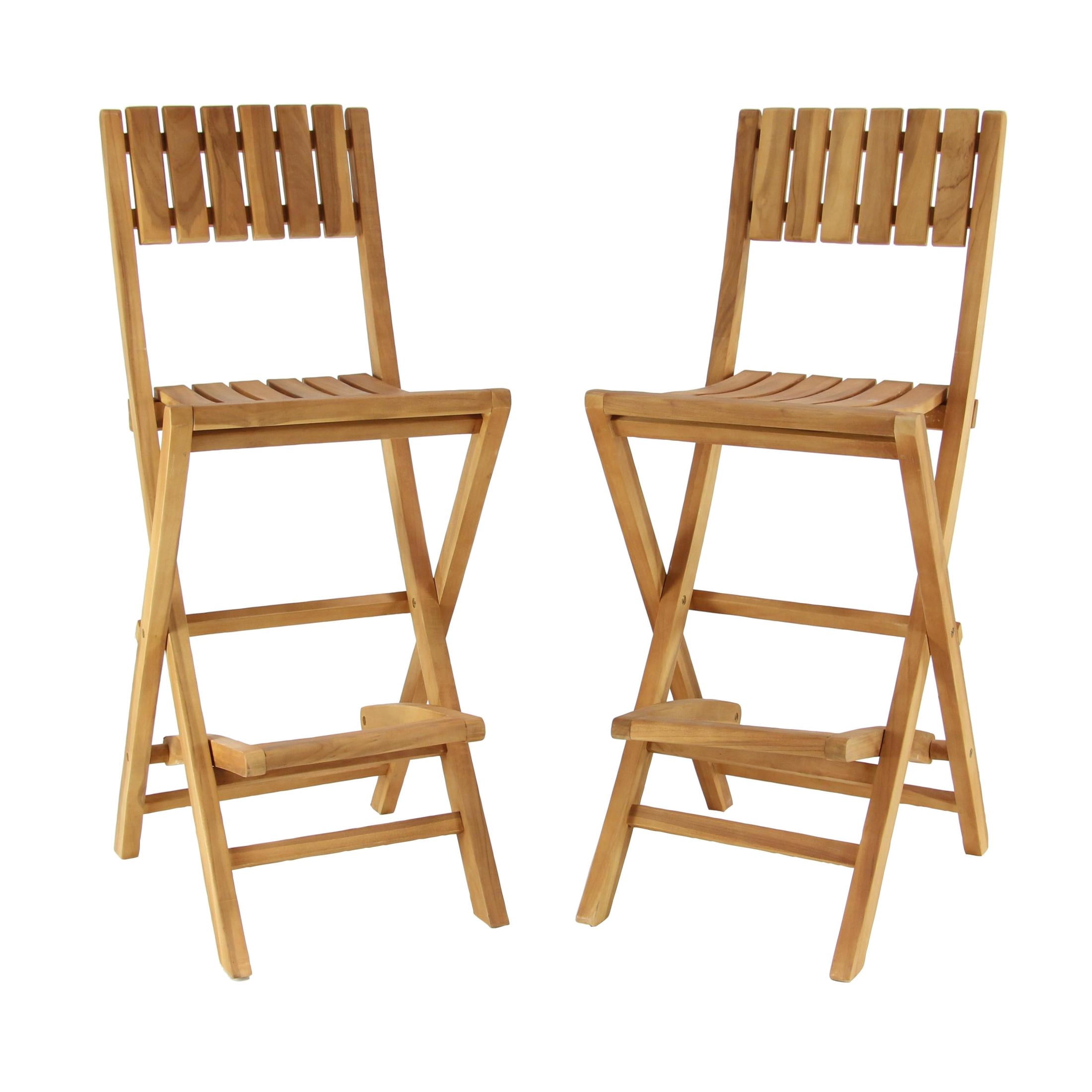 DecMode Teak Wood Indoor Outdoor Slatted Folding Bar Stool with Footrest, Brown, Set of 2