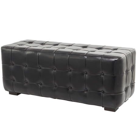DecMode Teak Wood Tufted Upholstered Leather Bench, Black