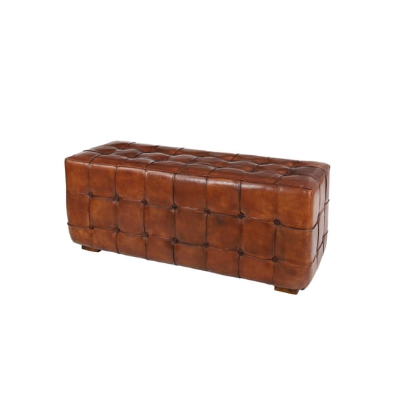 DecMode Leather Tufted Upholstered Bench with Block Feet, Brown