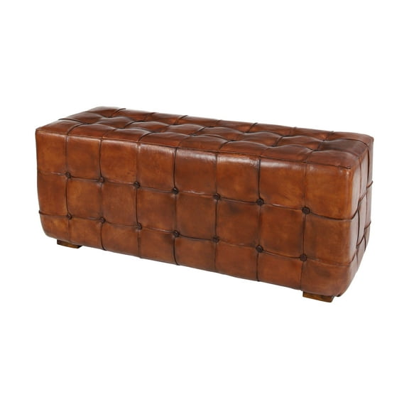 DecMode Teak Wood Tufted Upholstered Leather Bench, Brown