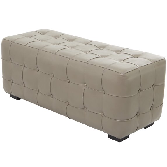 DecMode Teak Wood Tufted Upholstered Leather Bench, Light Gray