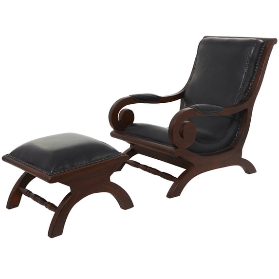 DecMode Teak Wood Upholstered Leather Chair & Ottoman Set with Scrollwork Arms and High Back, Black