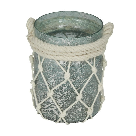 DecMode Teal Glass Decorative Candle Lantern with Rope Handle