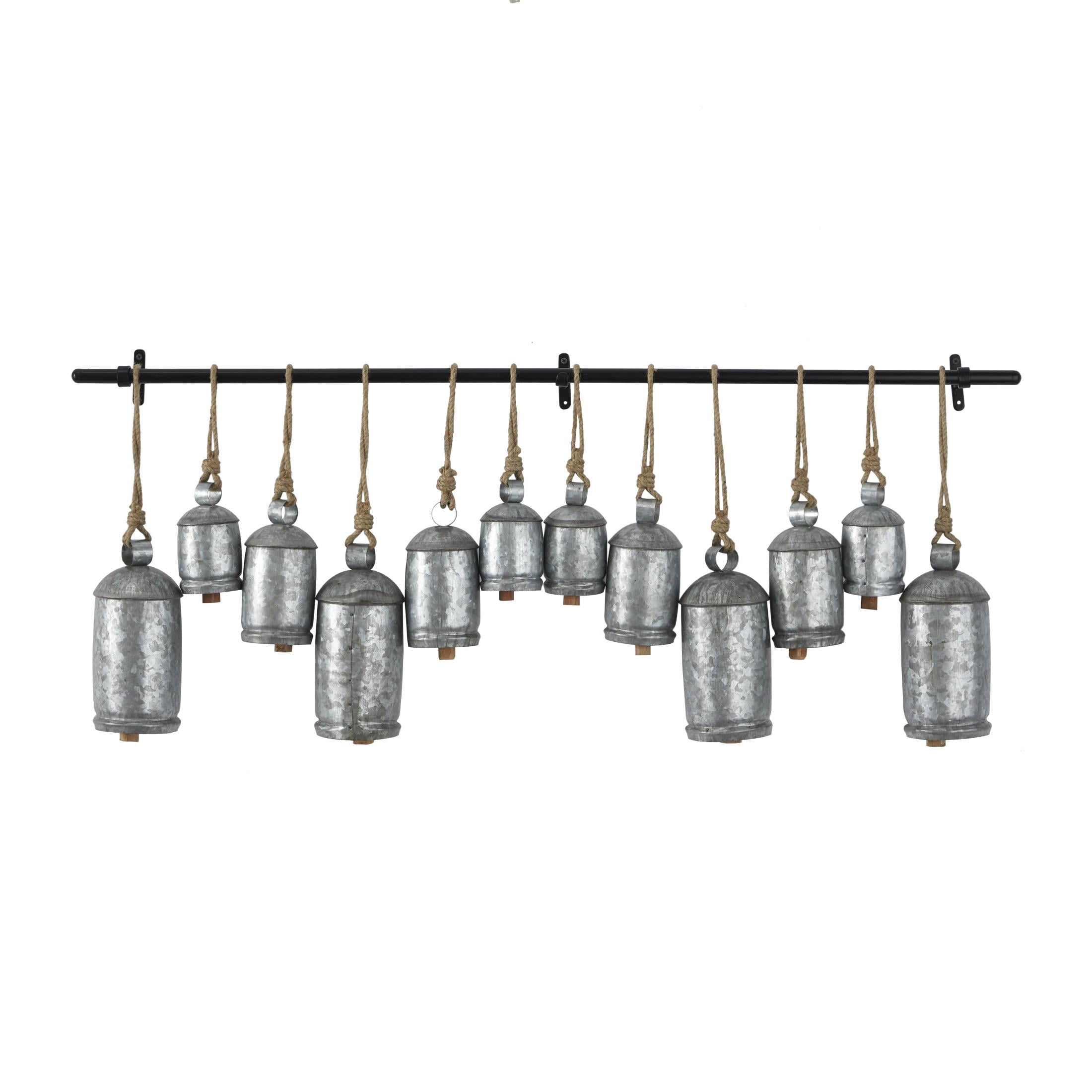DecMode Tibetan Inspired Silver Metal Cylindrical Decorative Cow Bells with 12 Bells on Jute Hanging Rope and Metal Rod