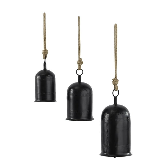 DecMode Tibetan Inspired Black Metal Cylindrical Decorative Cow Bells with Jute Hanging Rope, 3 Count