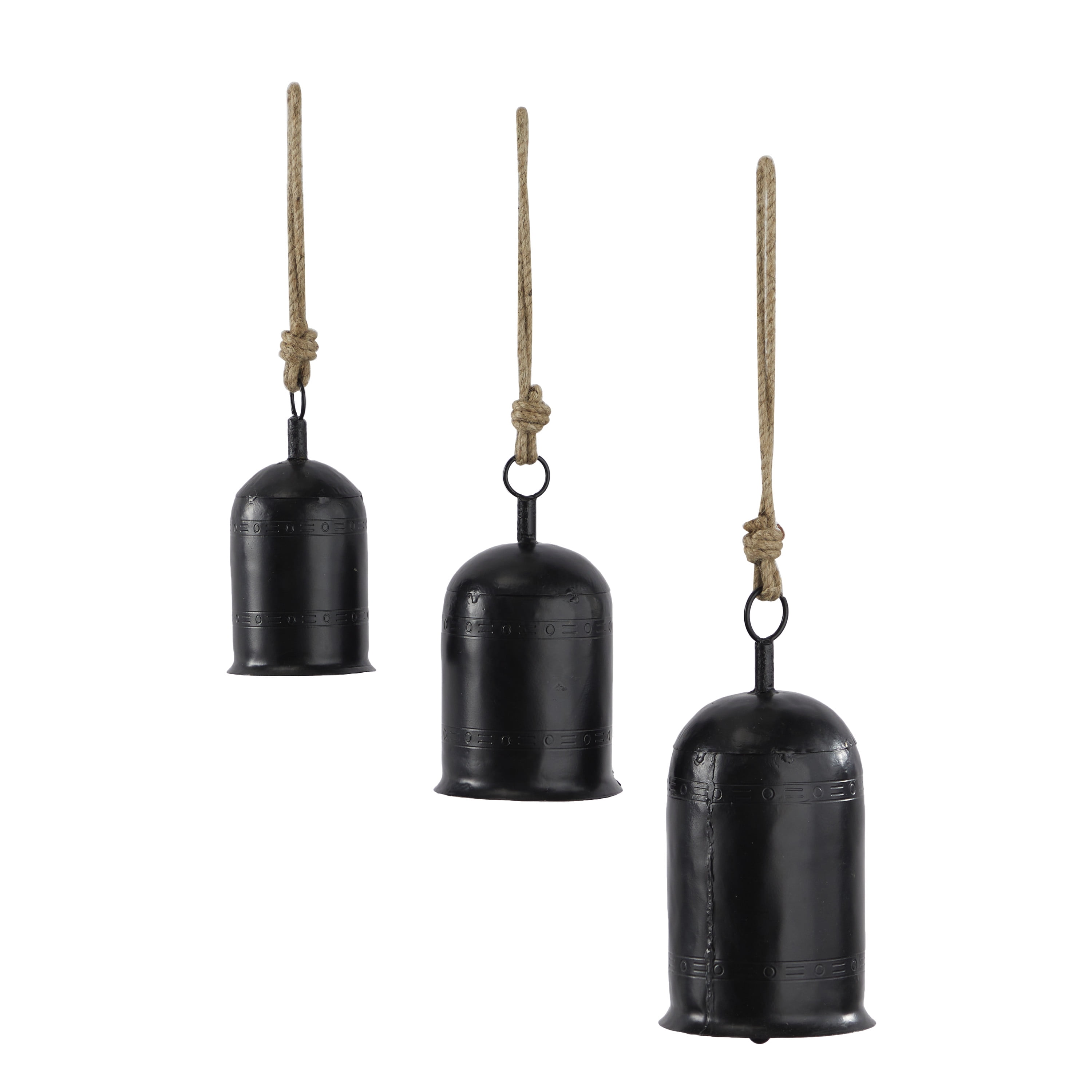 Decmode Tibetan Inspired Black Metal Cylindrical Decorative Cow Bells with Jute Hanging Rope, 3 Count, Size: 5.00 inch x 5.00 inch x 10.00 inchh