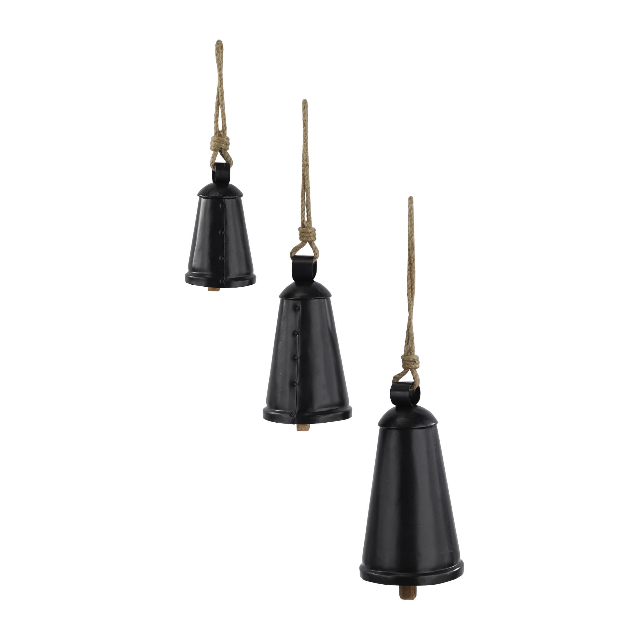DecMode Tibetan Inspired Black Metal Conical Decorative Cow Bells with Jute Hanging Rope, 3 Count