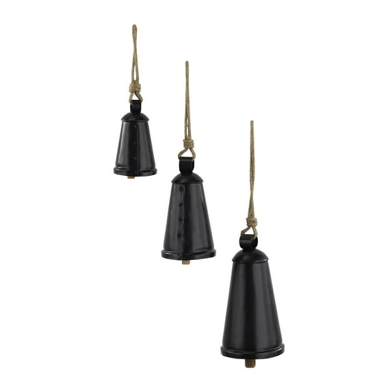 DecMode Tibetan Inspired Black Metal Conical Decorative Cow Bells with Jute Hanging Rope, 3 Count