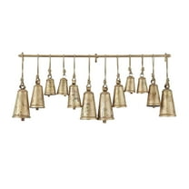 DecMode Tibetan Inspired Bronze Metal Conical Decorative Cow Bells with 12 Bells on Jute Hanging Rope and Metal Rod