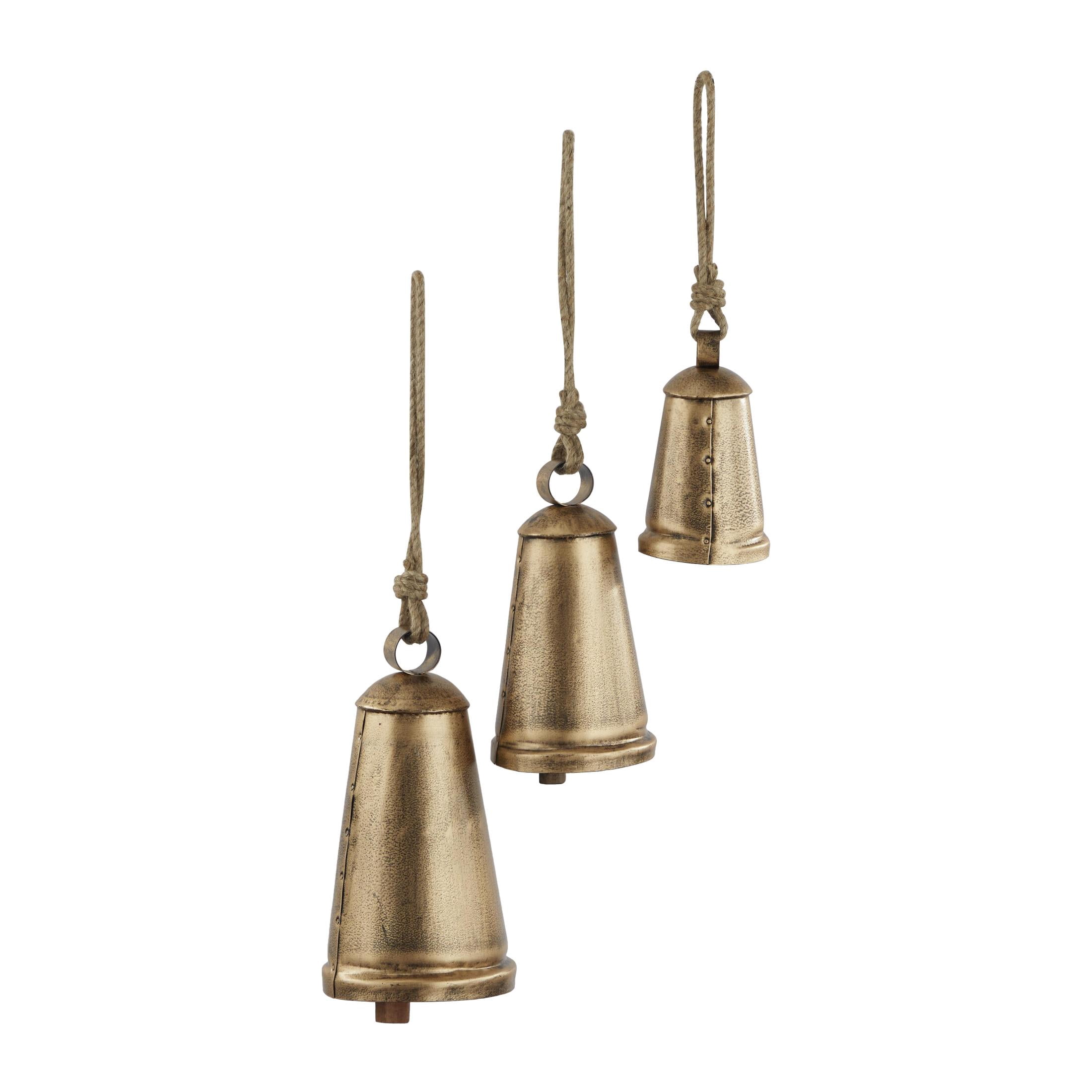 DecMode Tibetan Inspired Bronze Metal Conical Decorative Cow Bells with Jute Hanging Rope, 3 Count