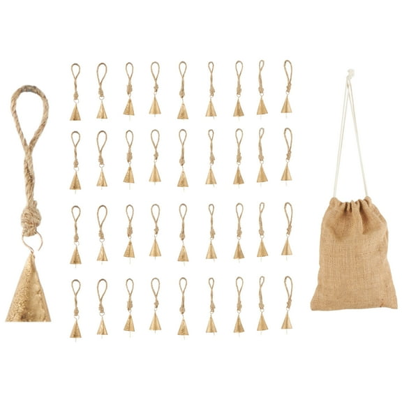 DecMode Tibetan Inspired Gold Metal Conical Decorative Bells with Brown Jute Rope and Canvas Tote, 36 Count