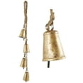 thumbnail image 1 of DecMode Tibetan Inspired Cascading Gold Metal Conical Decorative Cow Bells with 4 Bells on Jute Hanging Rope, 1 of 10
