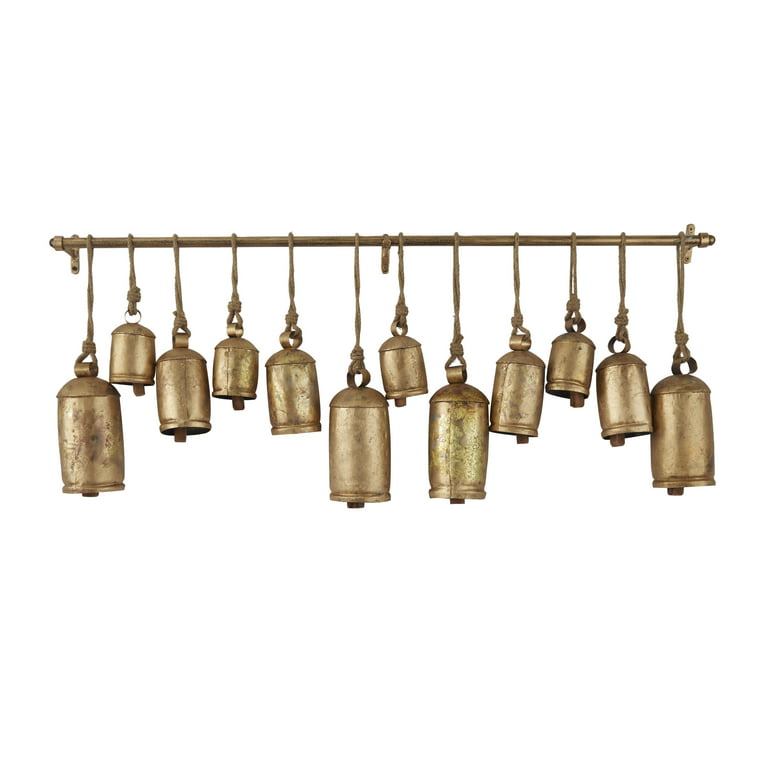 DecMode Tibetan Inspired Gold Metal Cylindrical Decorative Cow Bells with  12 Bells on Jute Hanging Ropes and Rod 