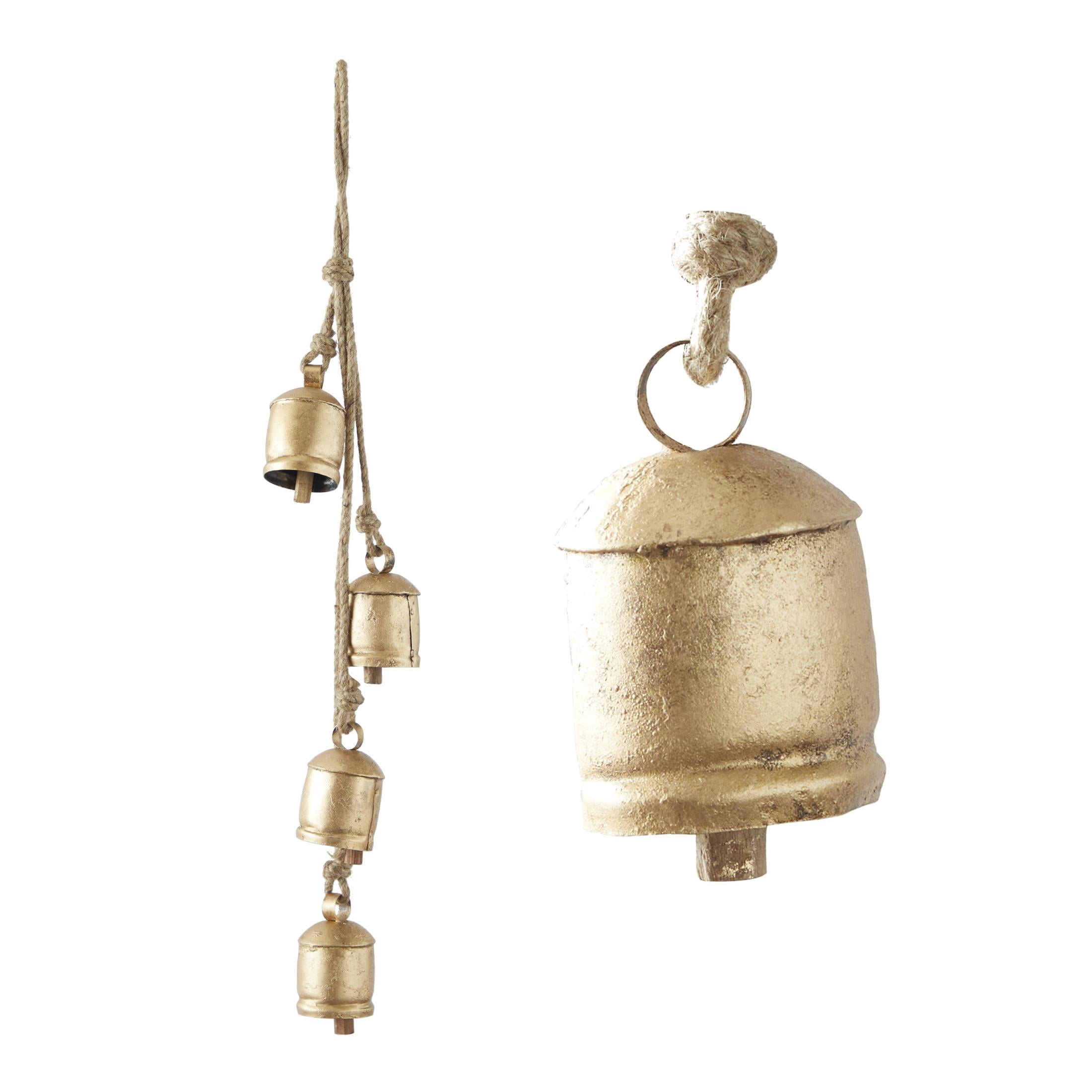 DecMode Tibetan Inspired Cascading Gold Metal Cylindrical Decorative Cow Bells with 4 Bells on Jute Hanging Rope