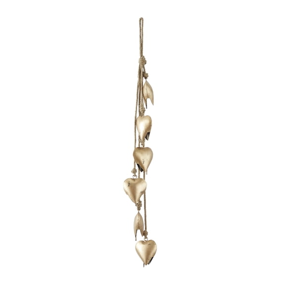 DecMode Tibetan Inspired Cascading Gold Metal Heart Decorative Cow Bells with 6 Bells on Jute Hanging Rope