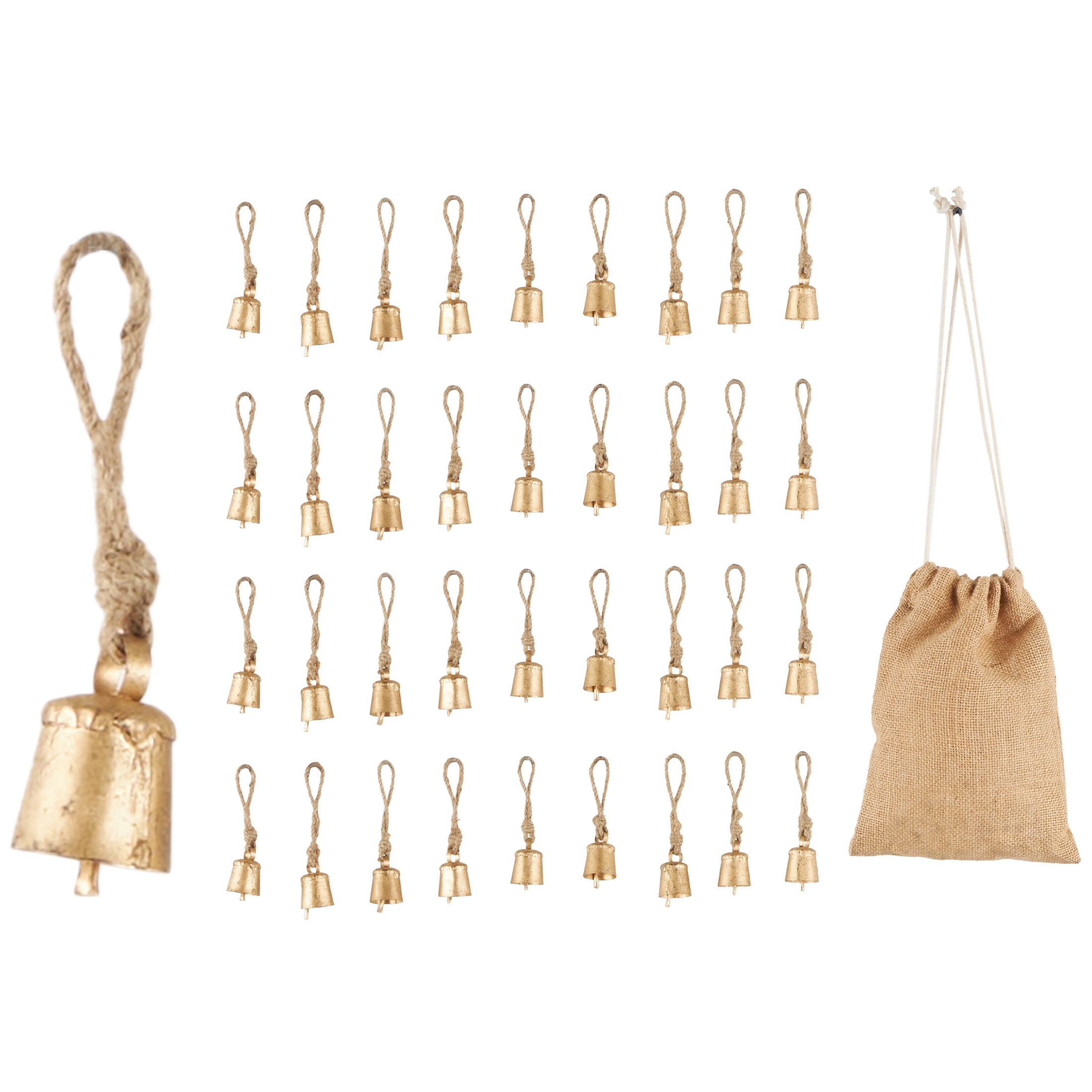 DecMode Tibetan Inspired Gold Metal Round Decorative Bells with Jute Rope and Canvas Tote, 36 Count
