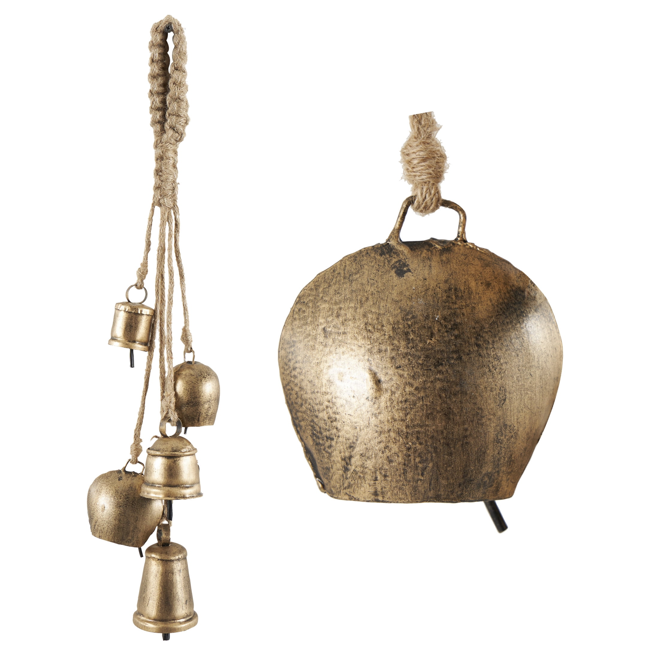 DecMode Tibetan Inspired Cascading Gold Metal Various Shapes Decorative Cow Bells with 5 Bells on Jute Hanging Rope
