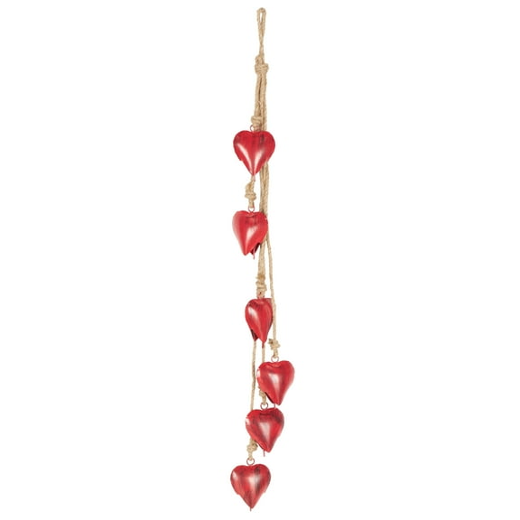 DecMode Tibetan Inspired Cascading Red Metal Heart Decorative Cow Bells with 5 Bells on Jute Hanging Rope