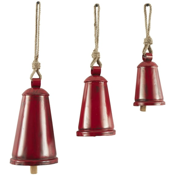 DecMode Tibetan Inspired Red Metal Narrow Cone Decorative Cow Bells with Jute Hanging Rope, 3 Count
