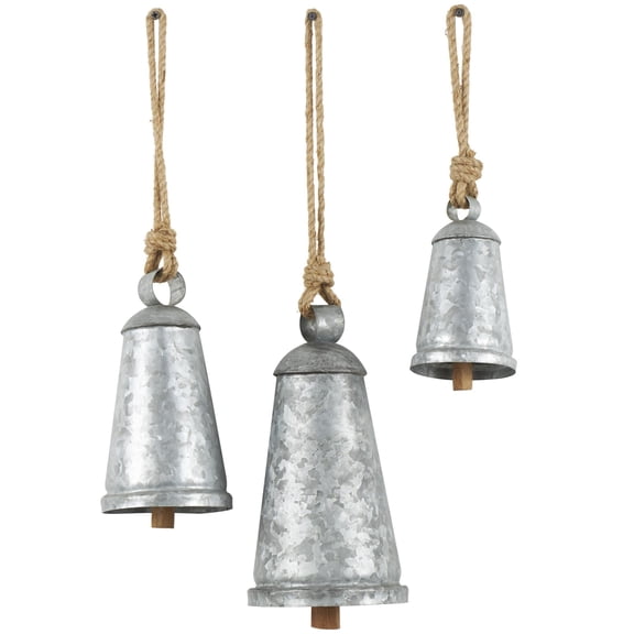DecMode Tibetan Inspired Silver Metal Conical Decorative Cow Bells with Jute Hanging Rope, 3 Count