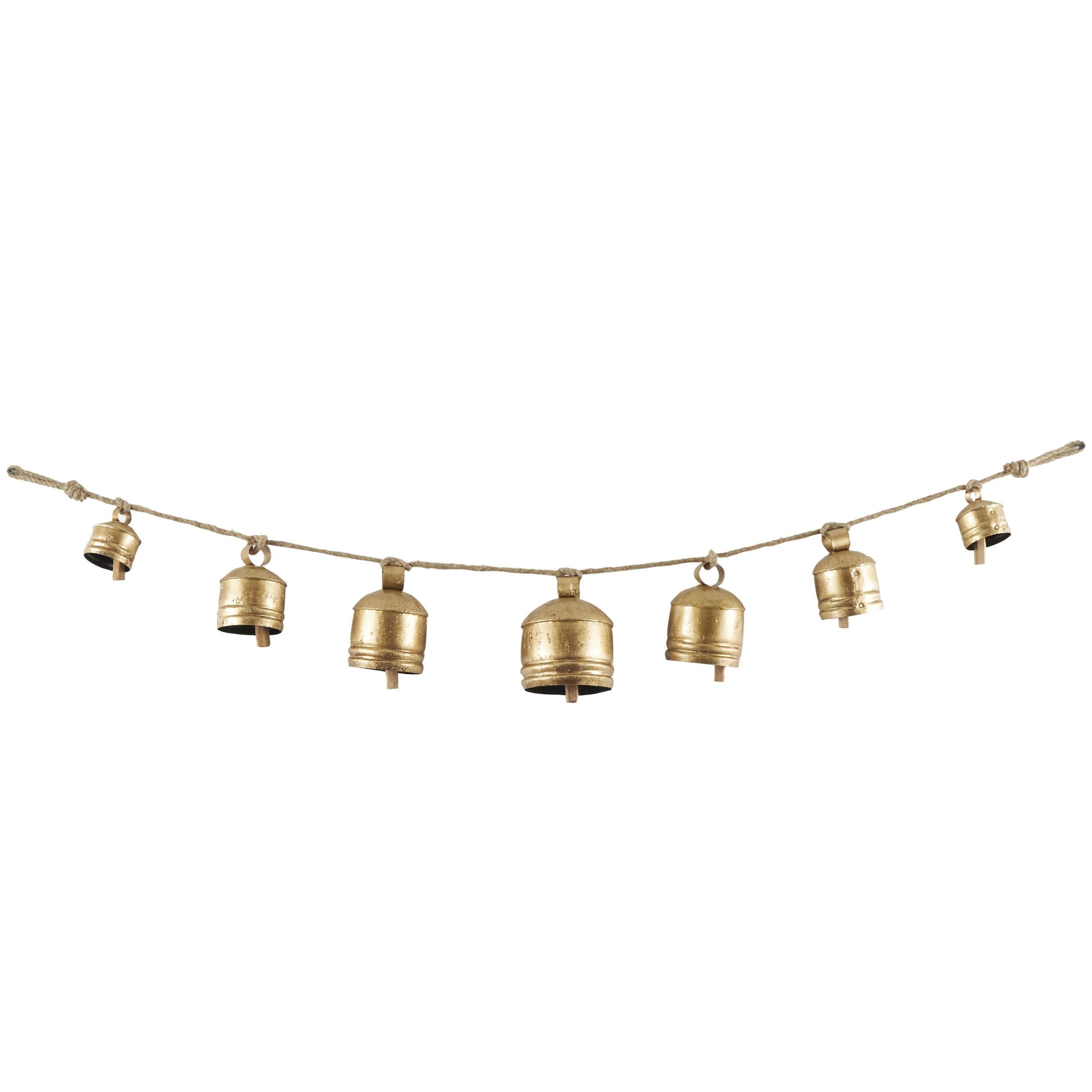 DecMode Tibetan Inspired Gold Metal Cylindrical Decorative Cow Bells with 7 Bells on Jute Hanging Rope
