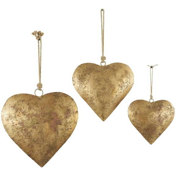 DecMode Tibetan Inspired Gold Metal Heart Decorative Bells with Jute Hanging Rope, 3 Count
