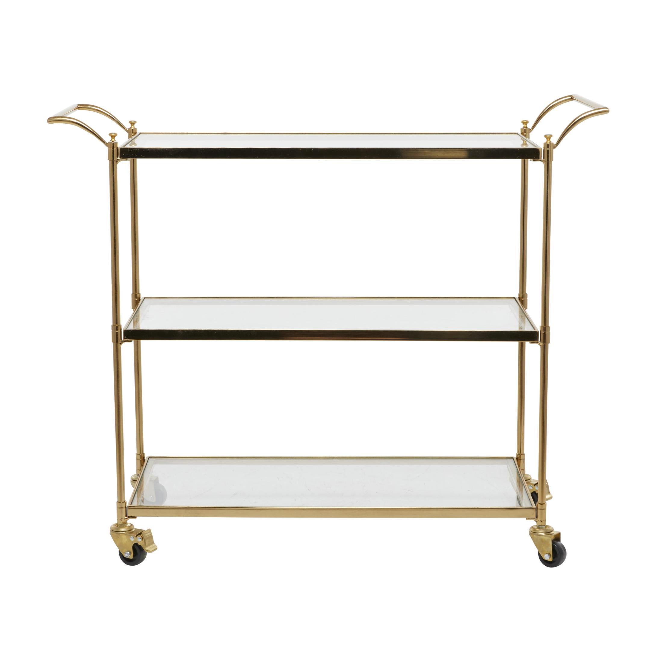 DecMode Traditional 3 Tier Gold Metal Bar Cart with Transparent Glass Shelves, 38"W x 31"H