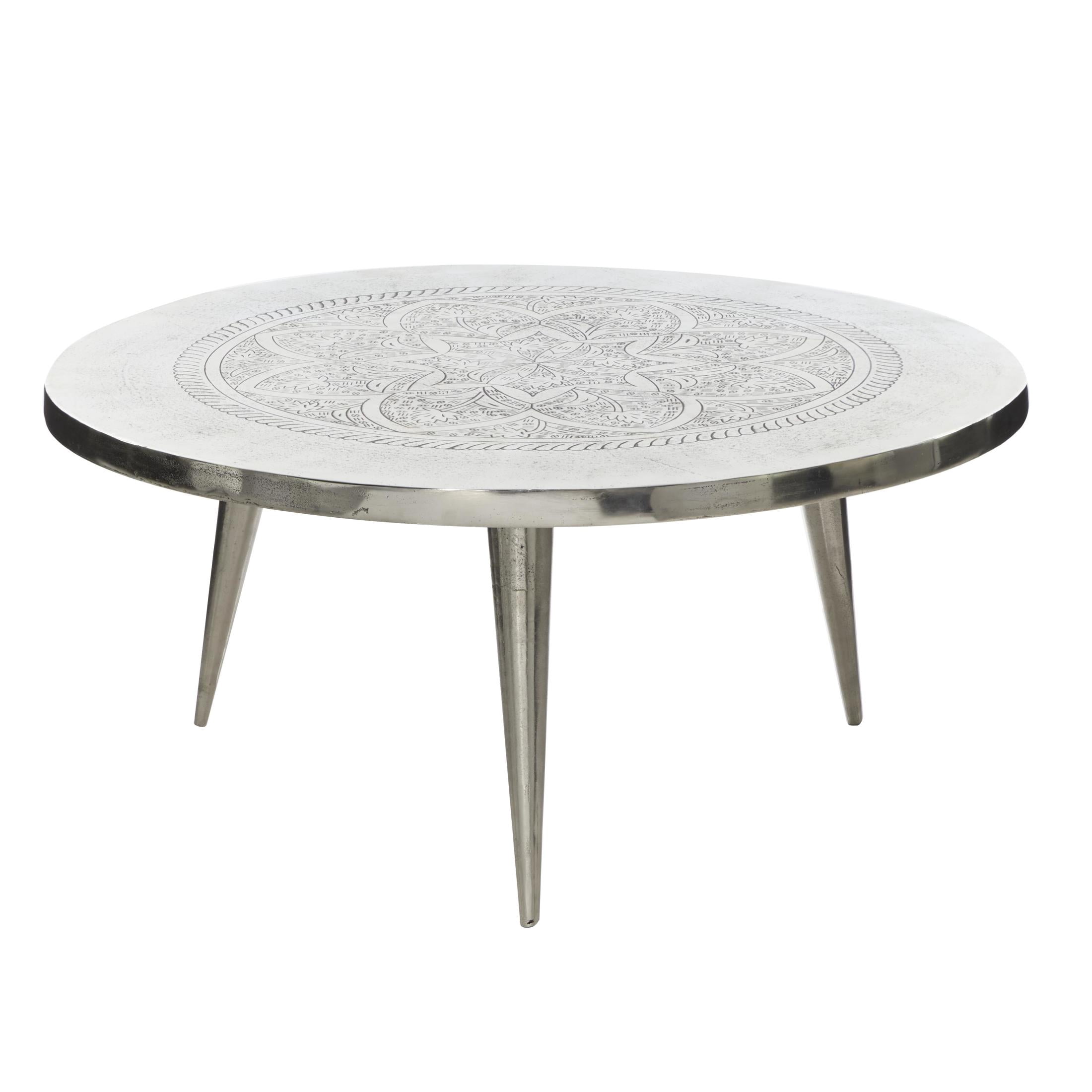 DecMode Traditional Aluminum Round Coffee Table with Etched Lotus Embled Design and Polished Silver Finish, 35"W x 16"H