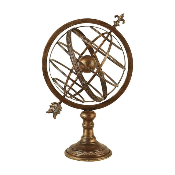 DecMode Traditional Armillary Sphere With Pierced Arrow Metal Decorative Globe with Distressed Brass Finish, 14"W x 25"H