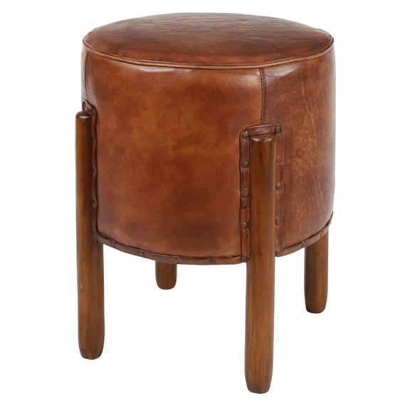 DecMode Traditional  Caramel Brown Upholstered Leather Stool, 17"W x 20"H