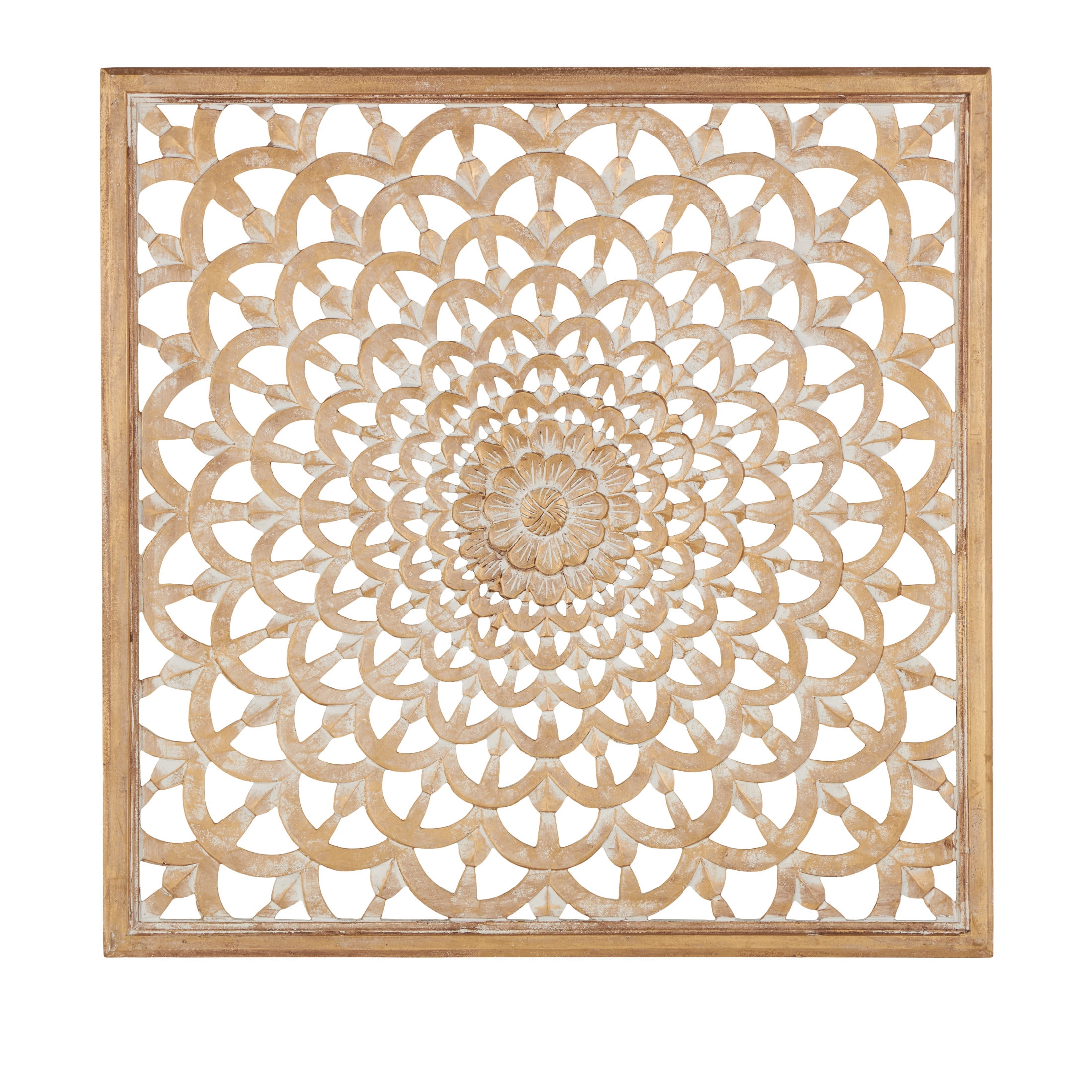 DecMode Traditional Carved Wood Floral Patterned Wall Décor with Brown/White Distressed Finish, 36"W x 36"H
