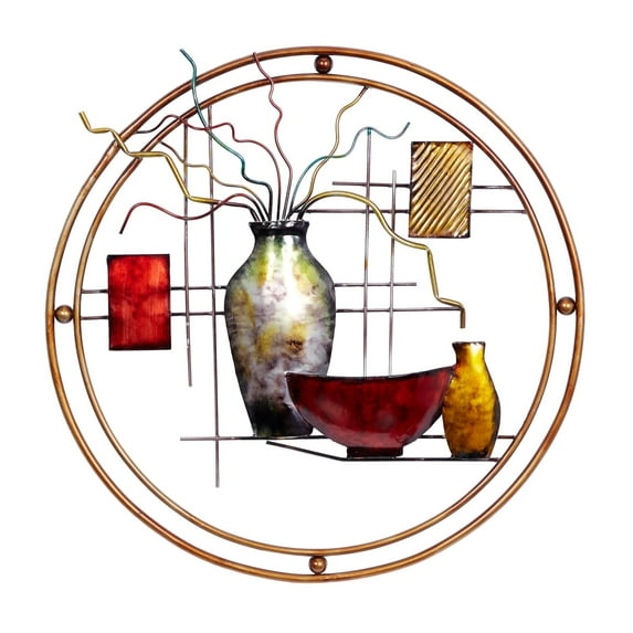 DecMode Traditional Metal Round Wall Décor, 24"W x 22"H Features Amphora Vase, Bowl and Drinking Bottle Figures