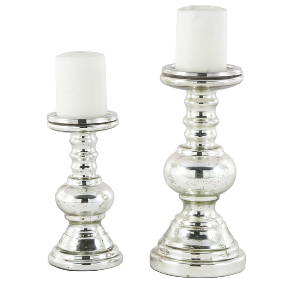 DecMode Traditional Squat Style Glass Pillar Candle Holder with Silver Speckle Finish, Set of 2 9", 12"H