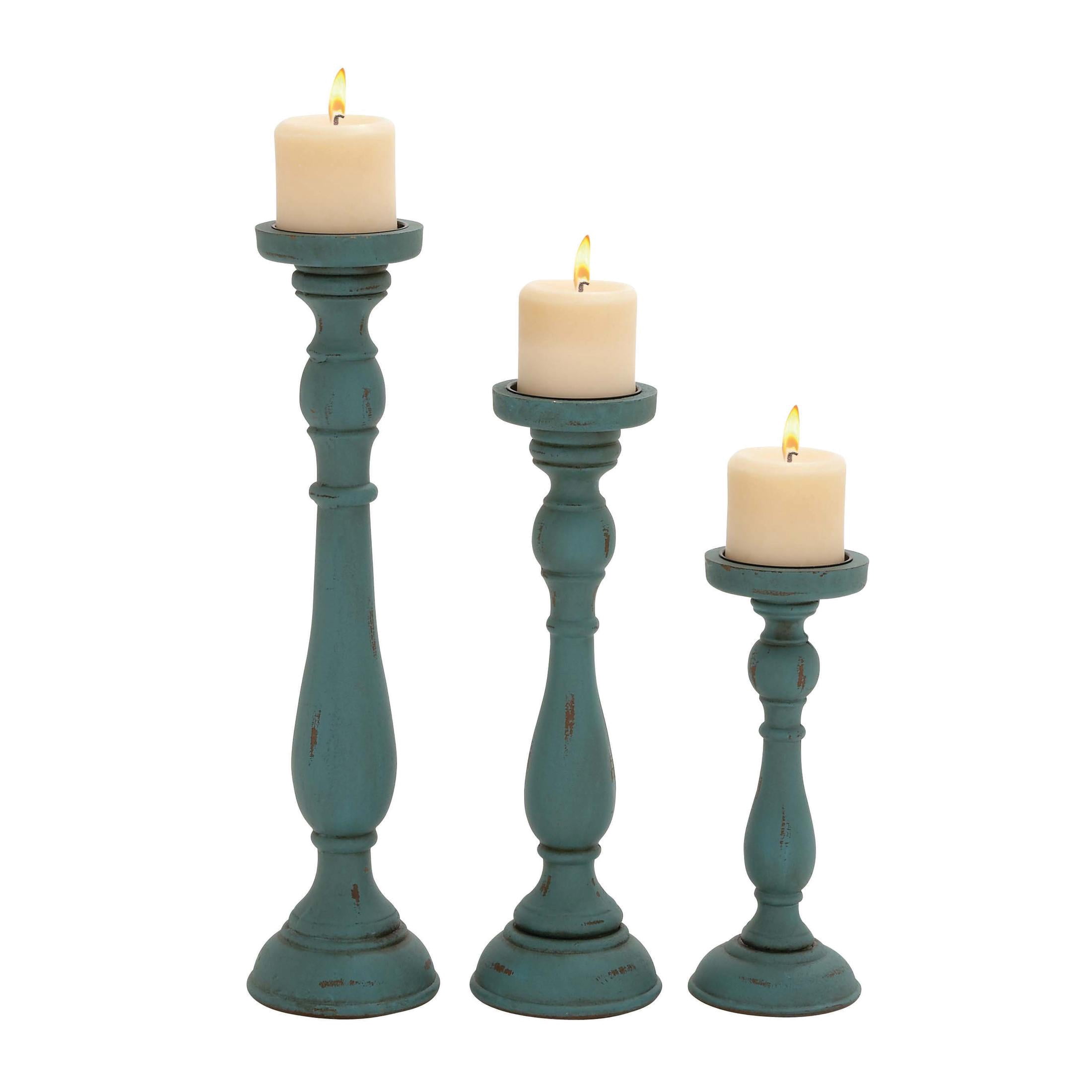 DecMode Traditional Wood Blue Pillar Candle Holders Set of 3 19", 15", 11" H with a Round Candle Plate and Bell Shaped Base