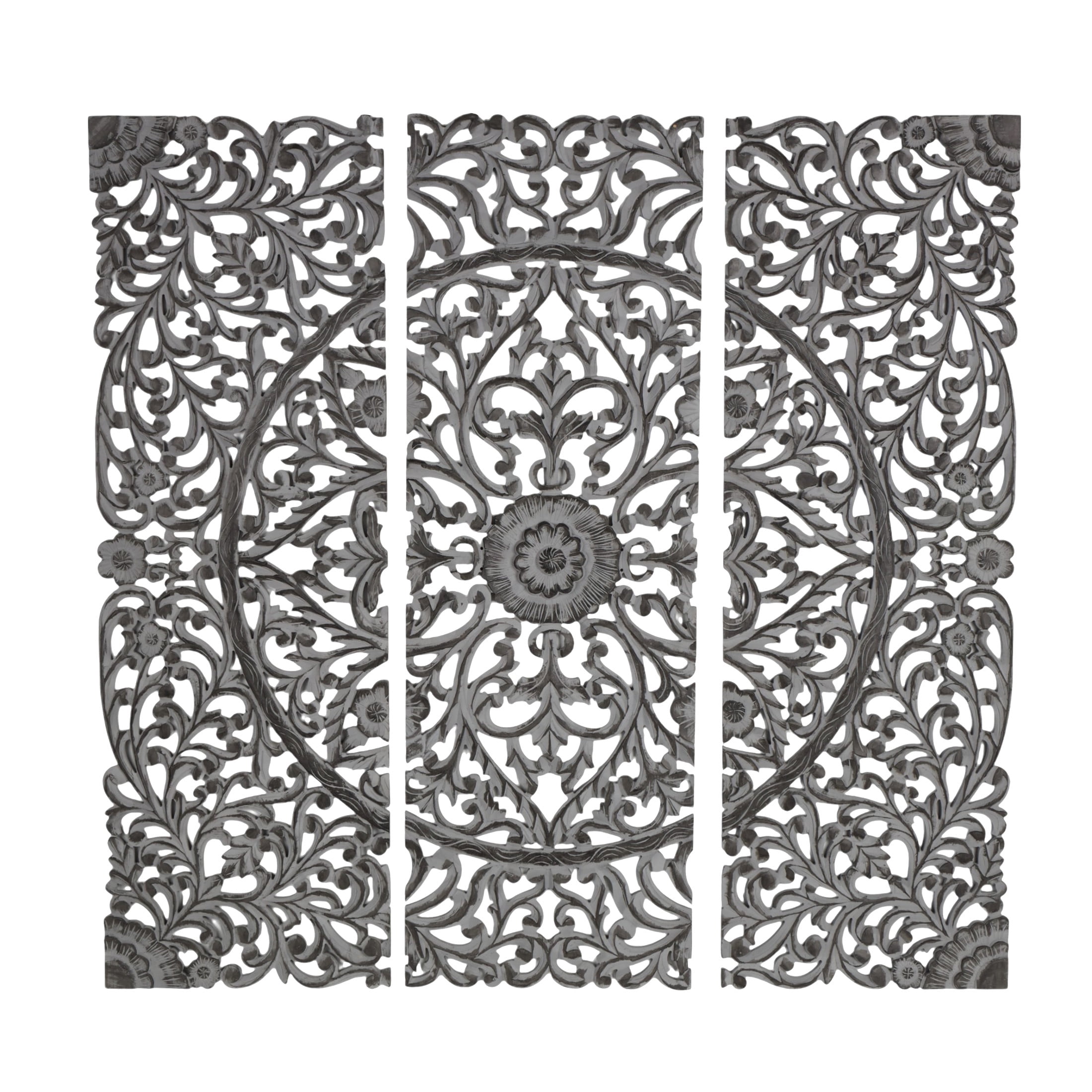 DecMode Traditional Wood Handmade Gray Carved Floral with Mandala Design Wall Décor, Set of 3 24"W x 72"H