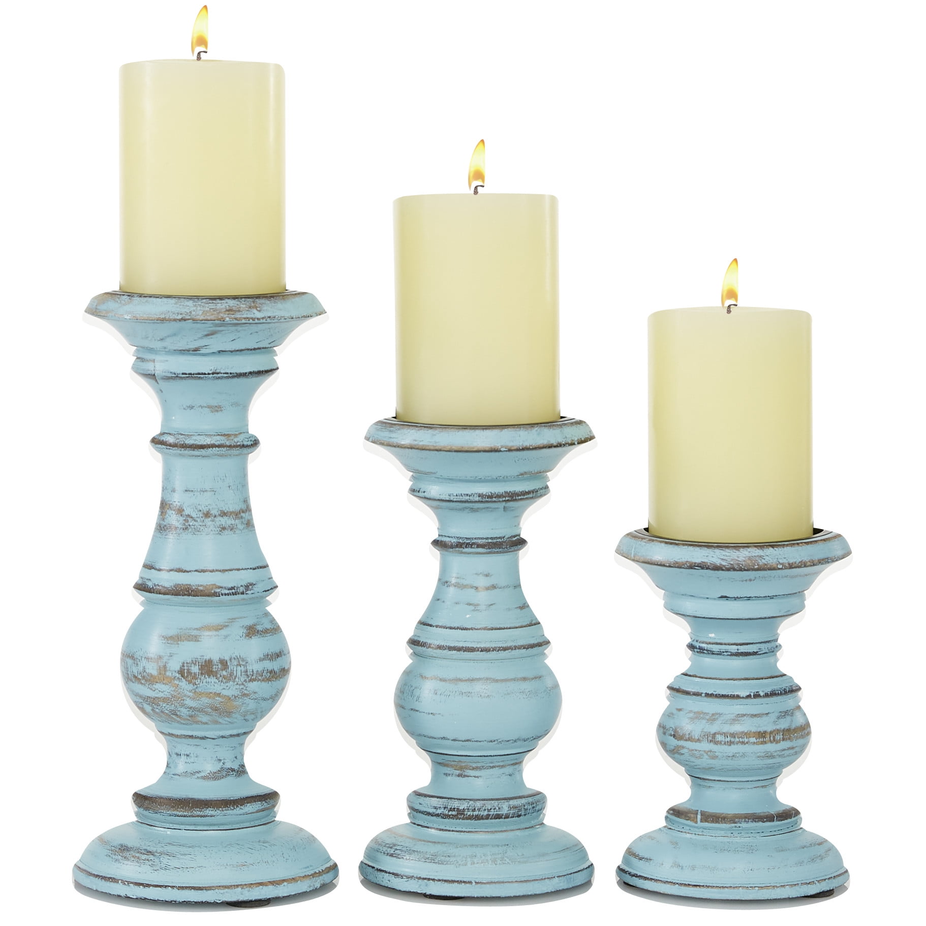 DecMode Traditional and Timeless Mango Wood Pillar Candle Holder Set of 3,  6, 8, 10H, Light Blue Finish