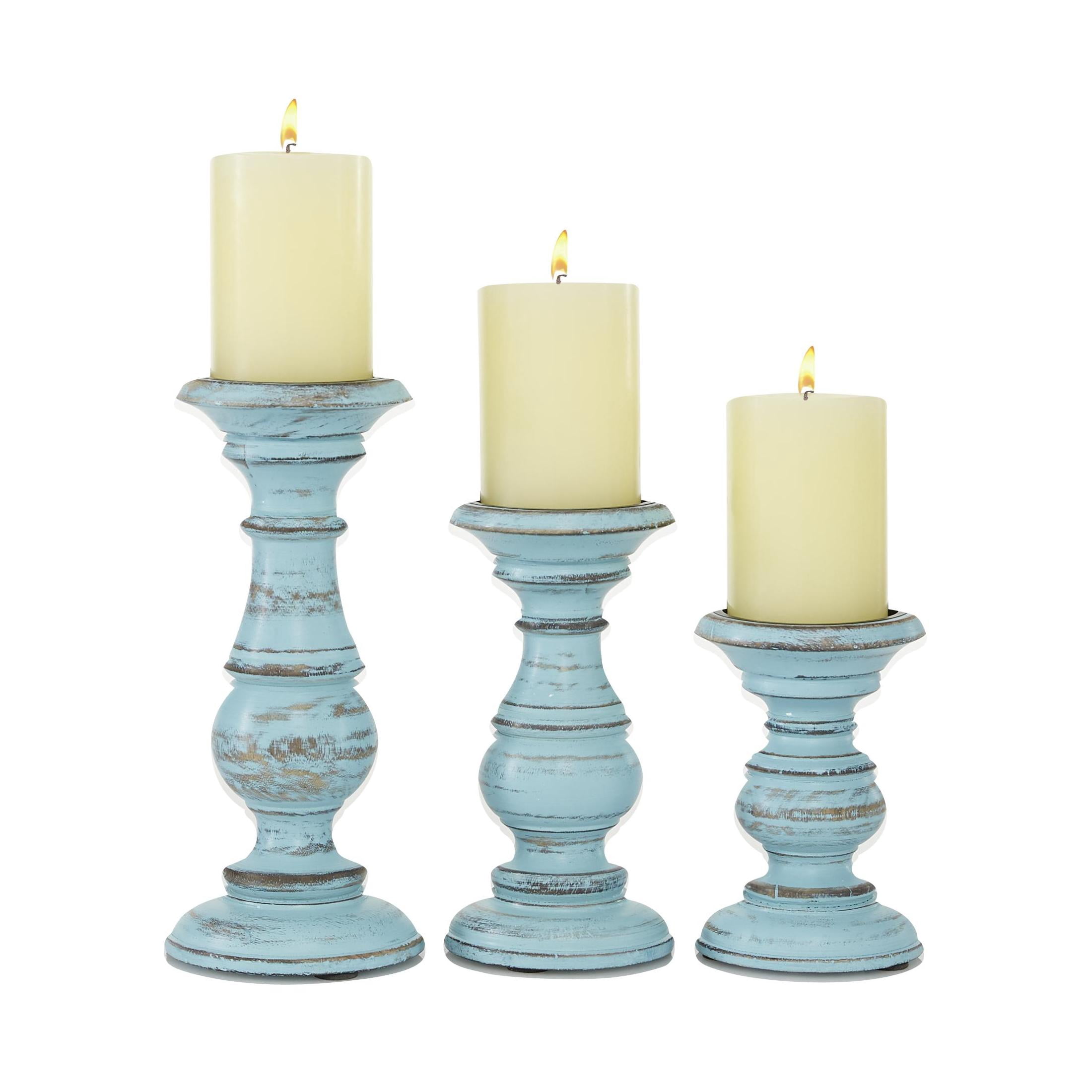 DecMode Traditional and Timeless Mango Wood Pillar Candle Holder Set of 3, 6", 8", 10"H, Light Blue Finish