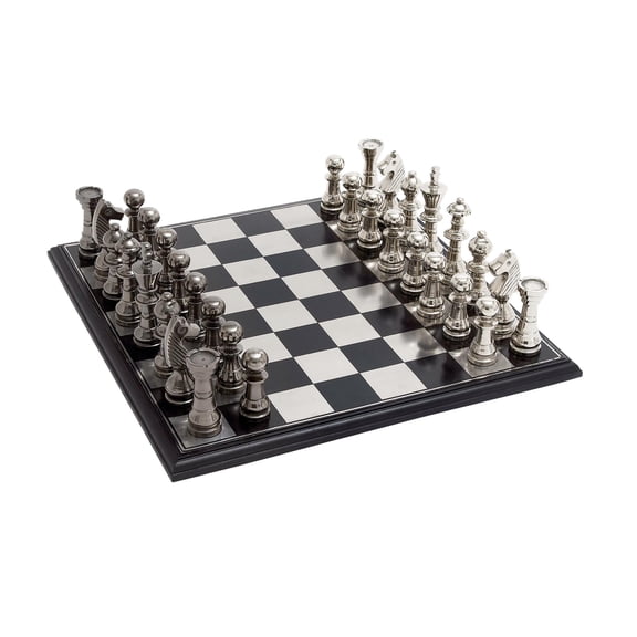 DecMode Traditonal Aluminum Silver/Black Glossy Finish Chess Game Set, 17"W x 6"H